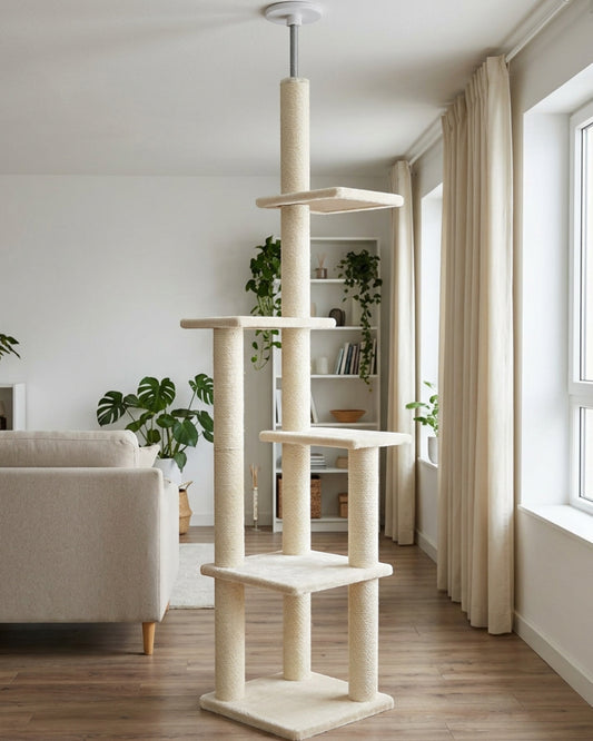 Mkvhg Adjustable Tension Cat Tower 94-102 in Cream - Lifestyle view