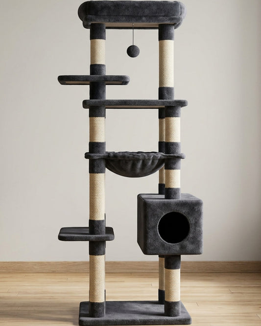 Mkvhg Multi-Level Cat Tower Hammock 58 in Charcoal - Lifestyle view
