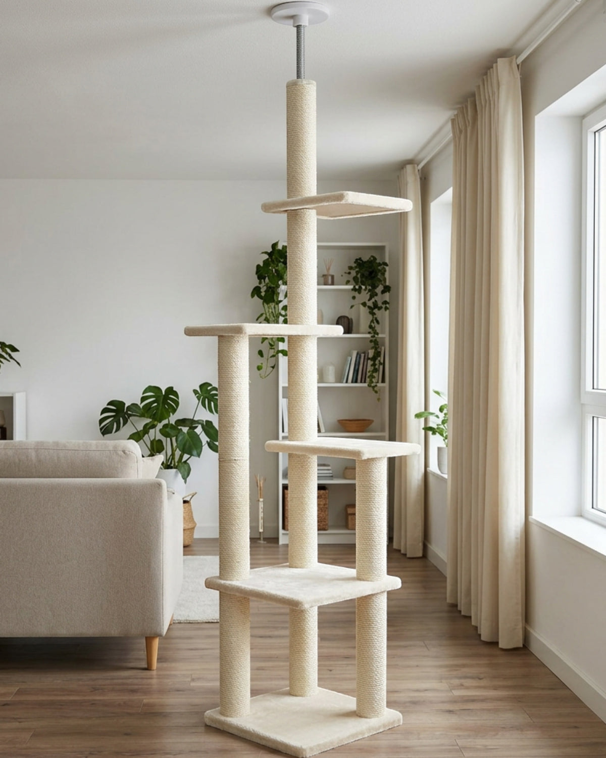 Mkvhg Adjustable Tension Cat Tower 94-102 in Cream - Lifestyle view