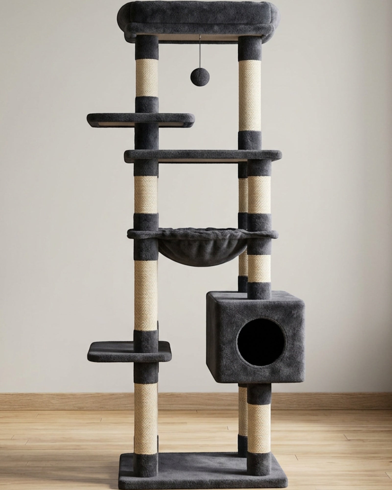 Mkvhg Multi-Level Cat Tower Hammock 58 in Charcoal - Lifestyle view
